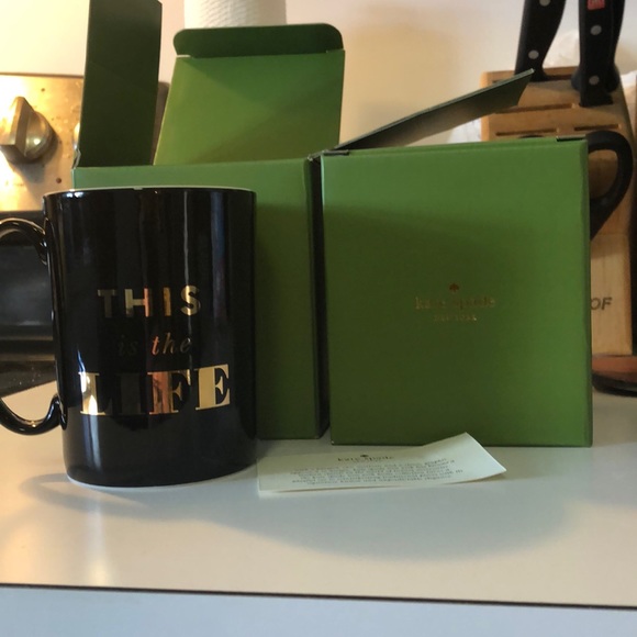 2 Black & Gold This is Life Kate Spade coffee mugs - Picture 2 of 6